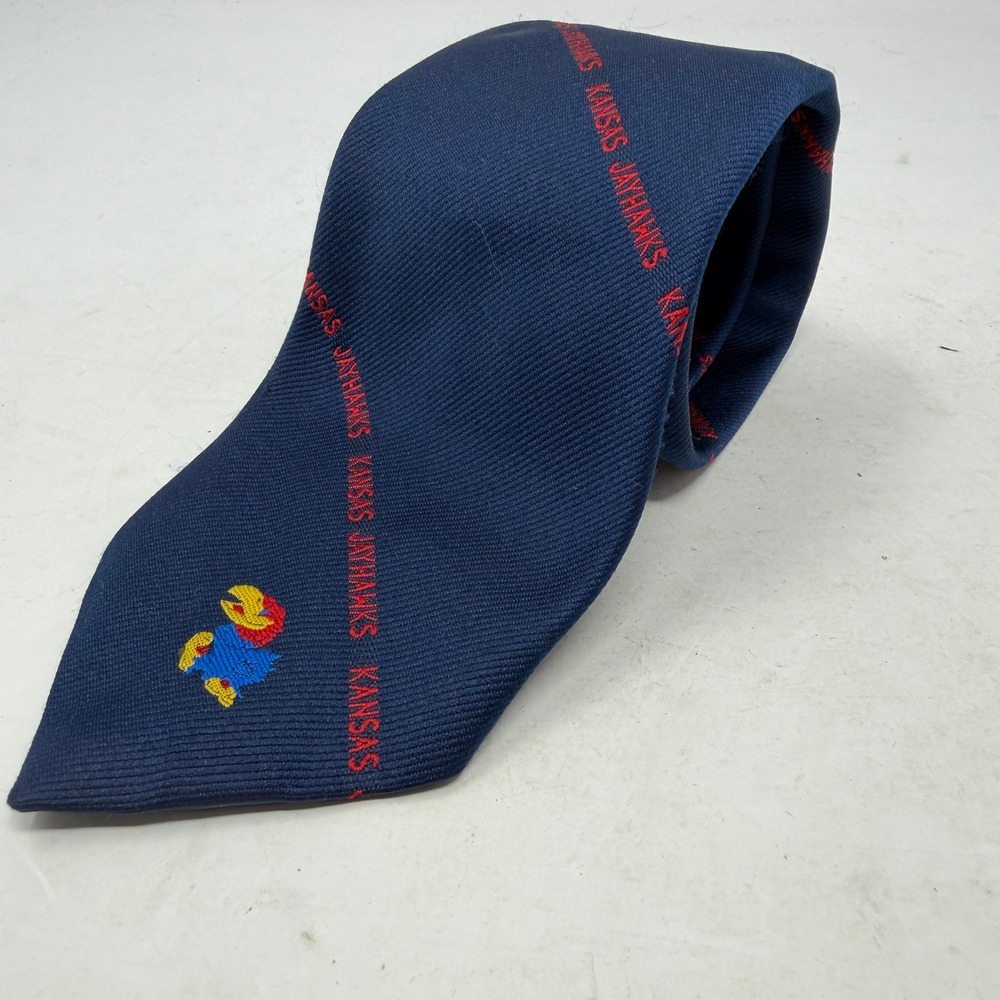 Kansas Jayhawks Tie Mens OS Navy NCAA Basketball Embroidered Kings Lynn EUC